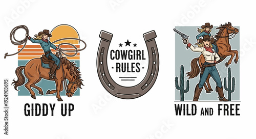 Western Cowgirl Illustration Set with Horses, Lasso, and Cactus Art