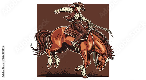 Dynamic Illustration of a Cowboy Riding a Bucking Horse with Lasso in Western Scene