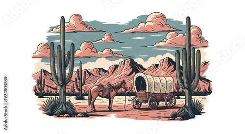 Old West Wagon and Horse in a Desert Landscape with Saguaro Cacti and Mountains