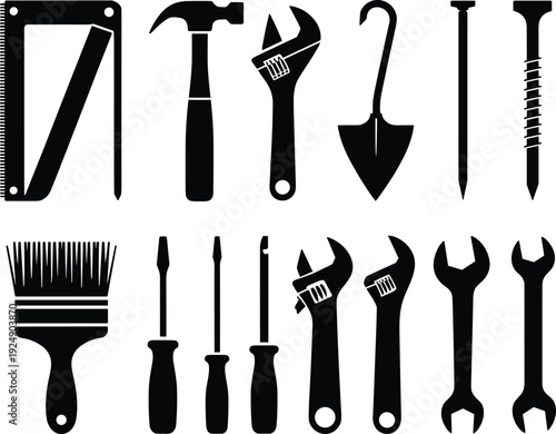 Black silhouette vector illustrations of construction, repair, and gardening hand tools for DIY, carpentry, and industrial design themes.