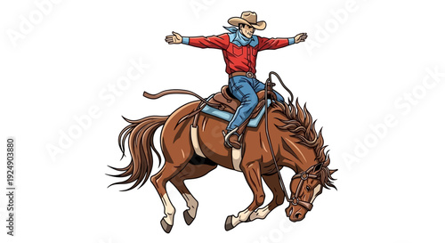 Excited Cowboy Rides Bucking Horse in Rodeo Arena, Determined Expression, Western Lifestyle