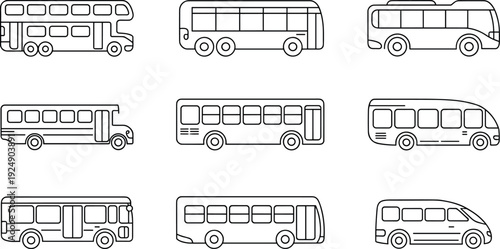 Bus side view outline icon set featuring city transit, double decker and minibus designs isolated on white background vector illustration collection