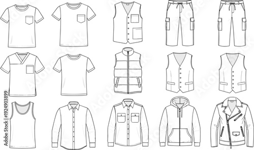 Realistic Vector Flat Sketch Illustration Collection Featuring Diverse Casual Menswear and Sportswear Items Including Jackets Vests Shirts and Shorts
