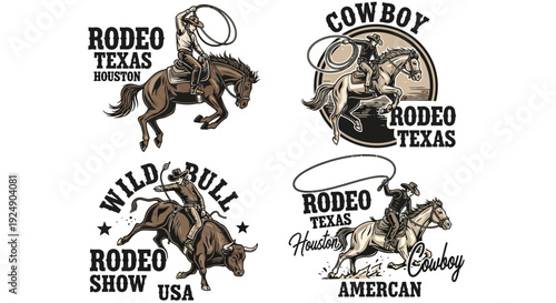 Vintage Rodeo Show Emblem Collection: Cowboys on Horses and Bulls in Action