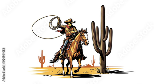 Cowboy on Horse with Lasso in Desert Landscape with Saguaro Cacti