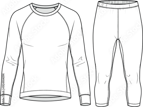 Realistic Vector Flat Sketch Illustration of Men and Women Performance Compression Sportswear Set Featuring Long Sleeve Raglan Top and Leggings