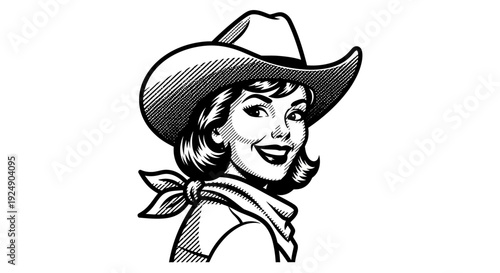 Retro Style Cowboy Woman Smiling Wearing Hat and Bandana Vintage Illustration