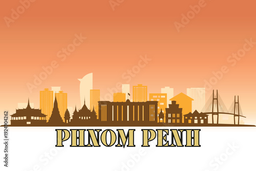 Fotografie Global city Phnom Penh shown in a detailed vector skyline with a golden hour sky