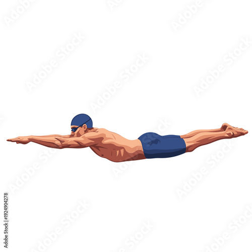 Swimmer in Blue Cap and Goggles in a Streamlined Position