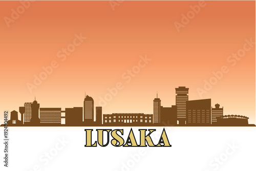 Global city Lusaka shown in a detailed vector skyline with a golden hour sky