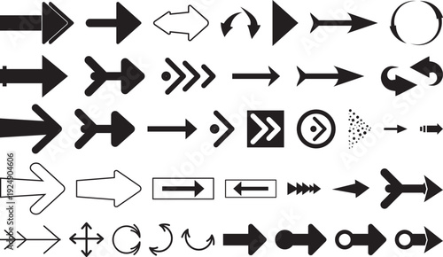 Collection of diverse black and white directional navigation arrow icons representing movement and progression in graphic design projects