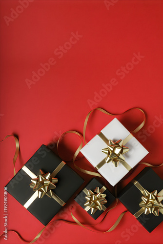 Gift boxes with gold ribbons on red background