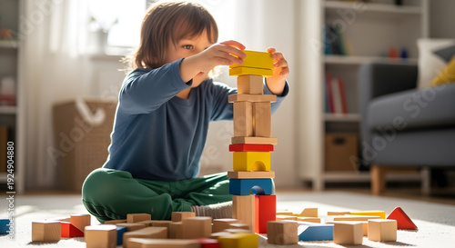 A young child sitting on the floor in a sunlit living room carefully stacking colorful toy blocks to create a high structure during playtime