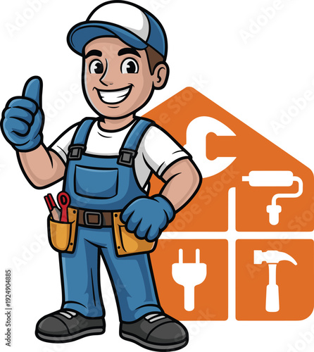 Cartoon-style vector illustration of handyman with tool belt and house service icons for plumbing, painting, electrical, and carpentry themes.