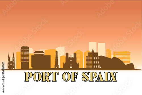 Global city Port of Spain shown in a detailed vector skyline with a golden hour sky