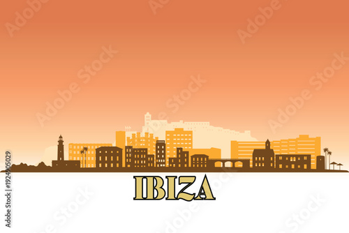 Global city Ibiza shown in a detailed vector skyline with a golden hour sky