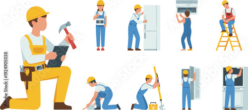 Cartoon-style vector illustrations of construction and maintenance workers performing diverse tasks with tools, safety gear, and appliances for vocational themes.