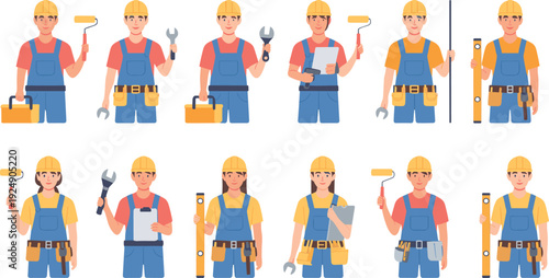 Cartoon-style vector illustrations of construction workers with safety gear and tools for teamwork, labor, and industrial design themes.