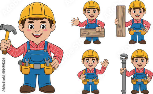 Cartoon-style vector illustrations of construction worker character with hard hat, tools, and multiple poses for labor and vocational themes.