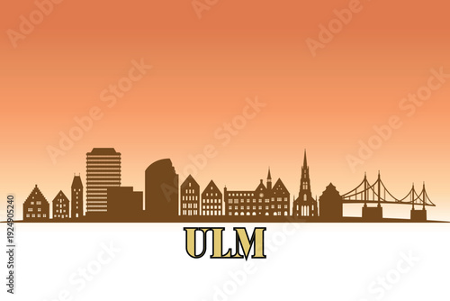 Global city Ulm shown in a detailed vector skyline with a golden hour sky