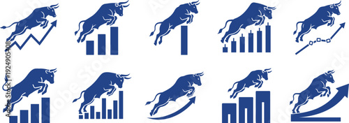 Blue Bull Jumping Over Bar Chart, Financial Growth and Success Vector Illustration