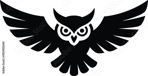 Stylized owl silhouette with spread wings isolated on white background, black bird logo design, nocturnal wildlife emblem vector illustration icon