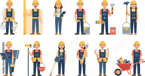 Cartoon-style vector illustrations of construction workers with safety gear performing diverse tasks for teamwork, labor, and industrial design themes.