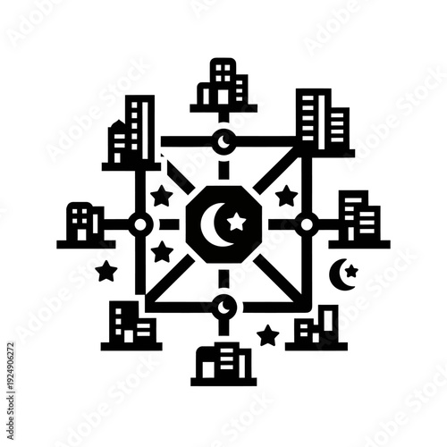 Islamic Economic Network Diagram with Crescent Moon Hub and Connected Urban Business Nodes