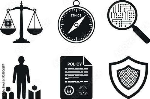 A collection of black and white icons representing business ethics and security