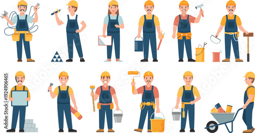 Cartoon-style vector illustrations of construction workers with safety gear performing diverse tasks for teamwork, labor, and industrial design themes.