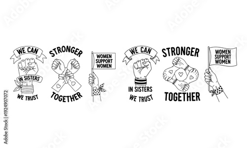 Feminism pose vector set of empowered women and unity symbols