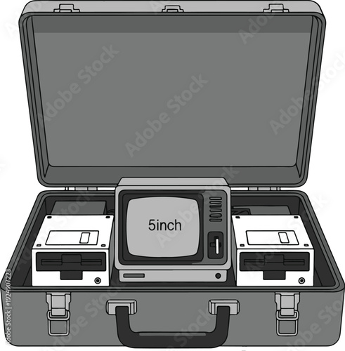 Old TV and Floppy Disks in Suitcase