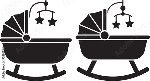 Black and white vector icons of a rocking cradle with a star mobile, representing babyhood and nursery.