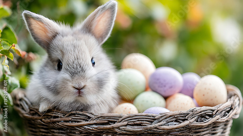 Rabbit beside pastel Easter eggs in a basket, creating a charming and festive holiday scene.