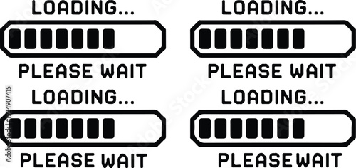 Digital loading bars with text please wait, indicating system progress and data transfer for web and application interfaces