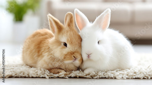 Two rabbits cuddled together in a cozy living room corner, highlighting companionship and gentle bonding.