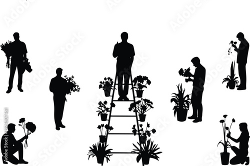 Silhouettes of people tending to plants and flowers, representing gardening, horticulture, and botanical activities