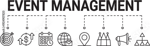 event management line editable icon set. Contain icons related to event organization, celebration, party, wedding, management, and more. Editable stroke. vector illustration