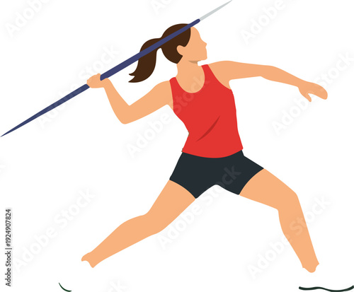 Female Javelin Thrower Full Body Flat Vector Illustration featuring Professional Athlete in Action for Track and Field Sports Competition and Athletics Design