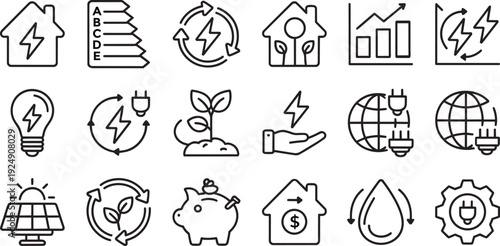 Eco-friendly symbols highlighting carbon offset, recycling, and renewable energy icon set.
