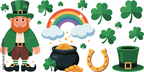 Leprechaun rainbow pot of gold lucky charms horseshoe shamrocks st patricks day celebration