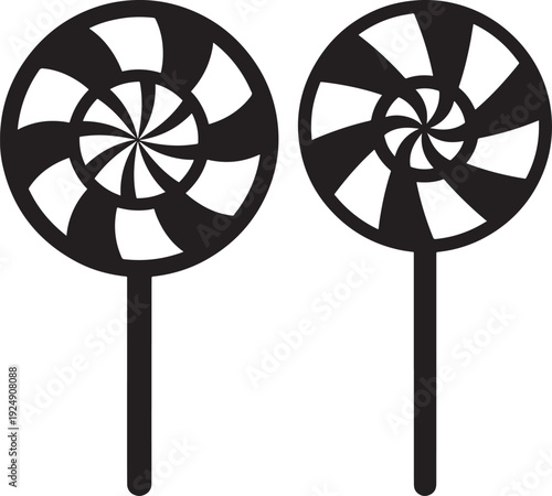 Stylized vector graphics of two swirling lollipops on sticks, perfect for candy and dessert themes.