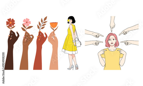 Feminism pose vector set of empowered women and social unity