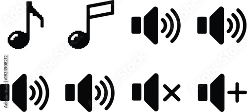 Collection of pixel art music notes and sound volume icons for audio settings and media playback controls