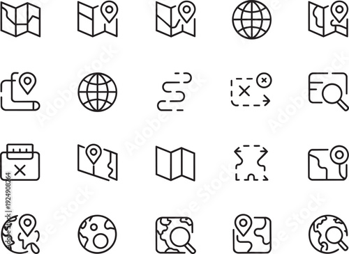 Map pin icon set. outline icons related to navigation, gps, location, route. Linear icon collection. Editable stroke. Vector illustration