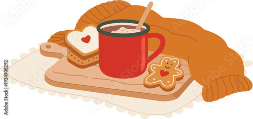 Cozy winter scene hot chocolate mug cookies gingerbread man heart shape knitted scarf blanket