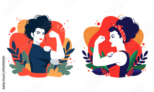 Feminism pose vector set of strong empowered women in flat style