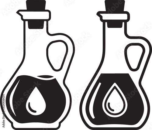 Two glass bottles with handles, one with liquid and a drop, representing oil, vinegar or sauces.