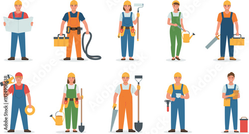 Cartoon-style vector illustrations of workers in construction, maintenance, and gardening tasks with diverse tools for vocational and labor themes.