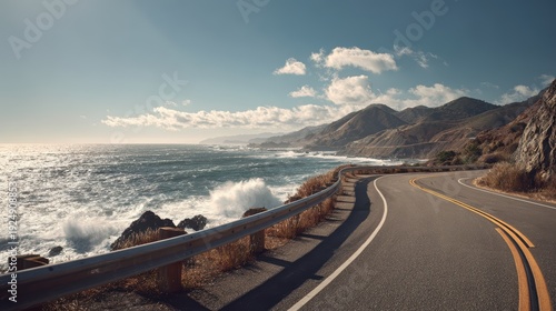 Coastal Road Journey: A scenic coastal road winds along the dramatic cliffs and azure waters of the ocean under a clear blue sky dotted with fluffy clouds.